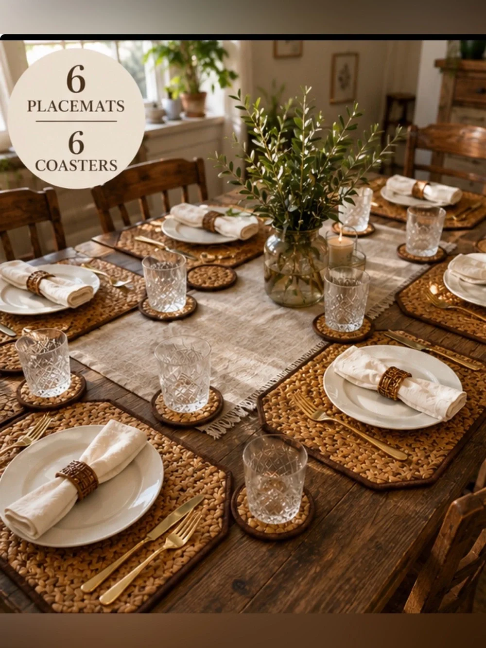 Set of 6 Handwoven Water Hyacinth Placemats & 6 Matching Coasters | Boho